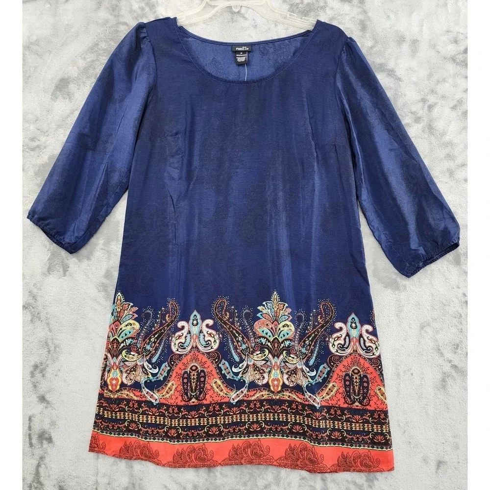 NEW Rue21 Dress Womens M Blue Paisley Print Mini Shift Balloon Sleeve Boho Silky